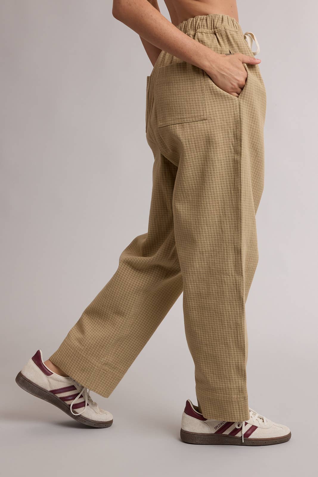Neutral Plaid Drawstring Wide Leg Pants