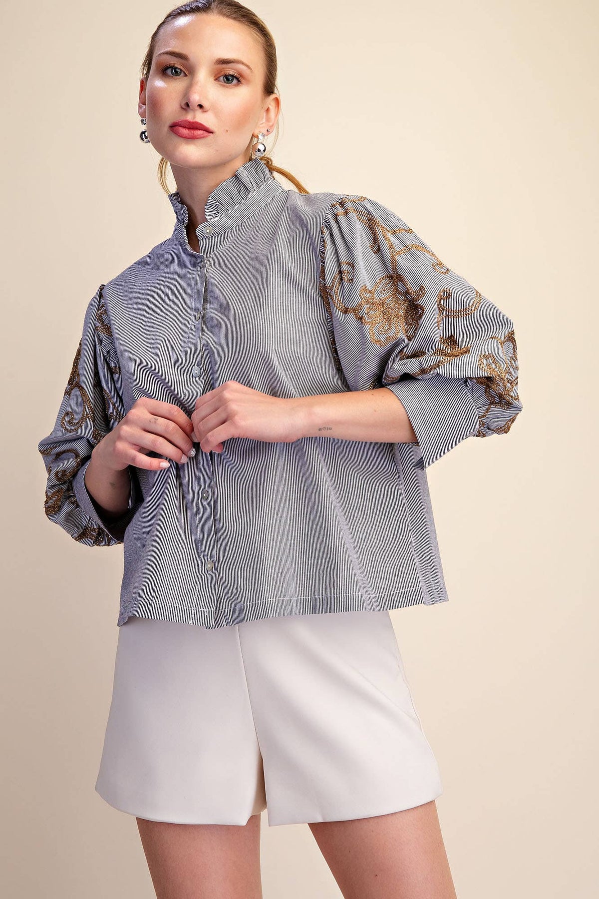 Striped Statement Sleeve Button-Front Blouse