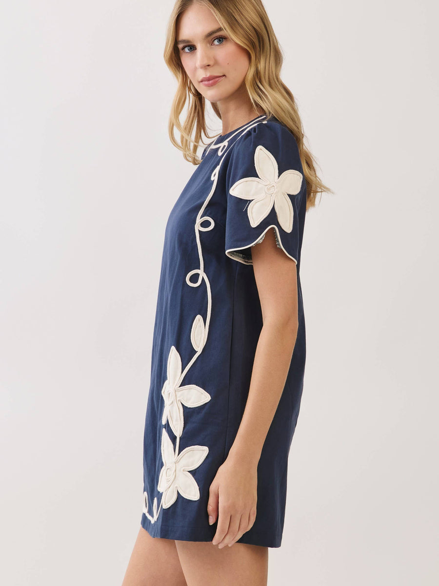 Navy Floral Appliqué Shift Dress