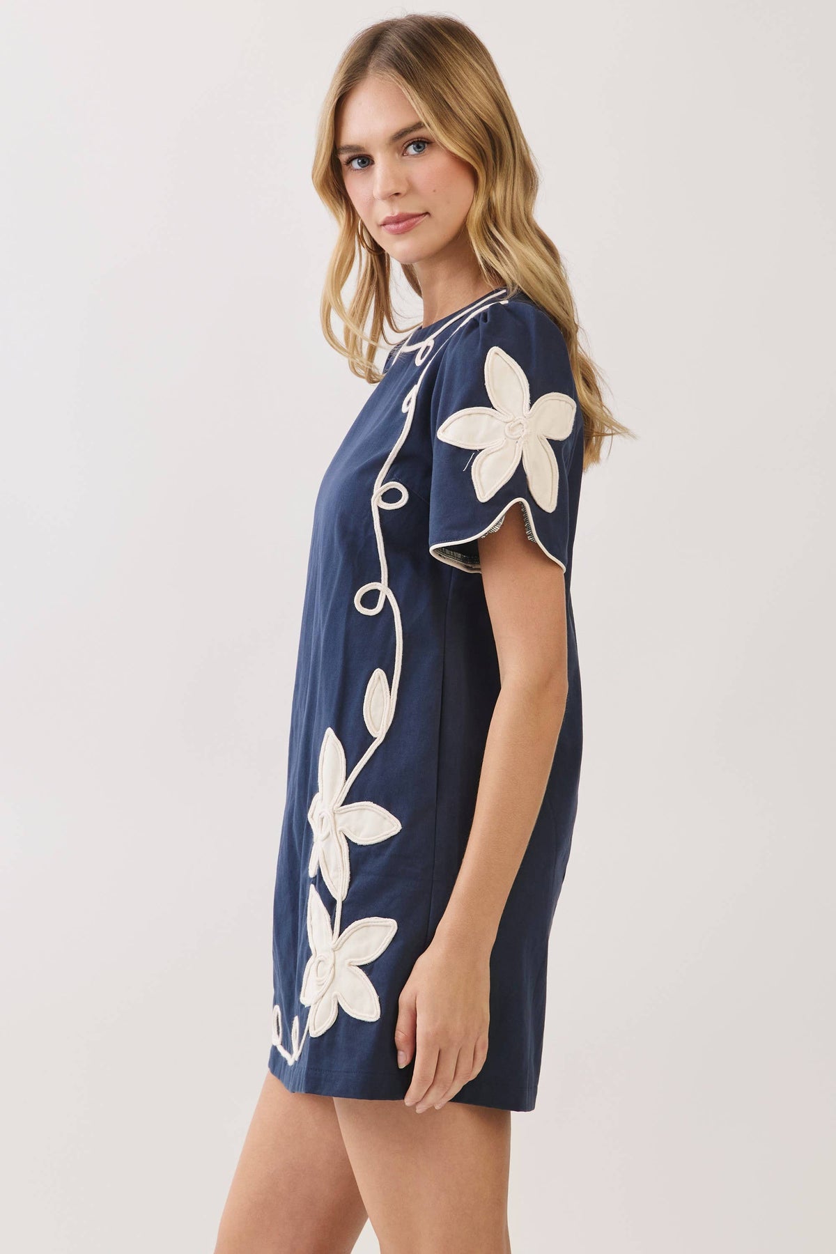Navy Floral Appliqué Shift Dress