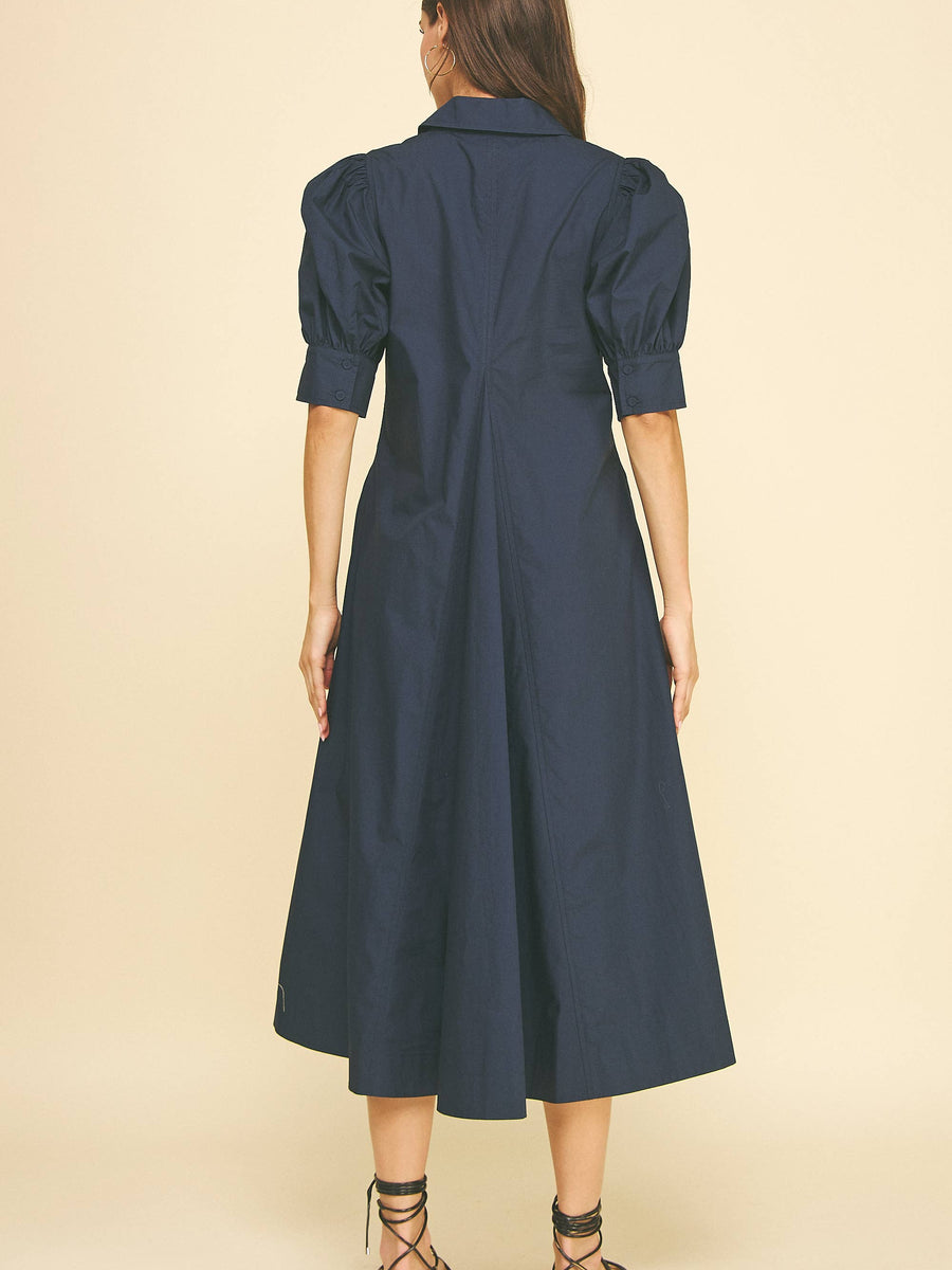 Midnight Navy Balloon Sleeve Collared Midi Dress