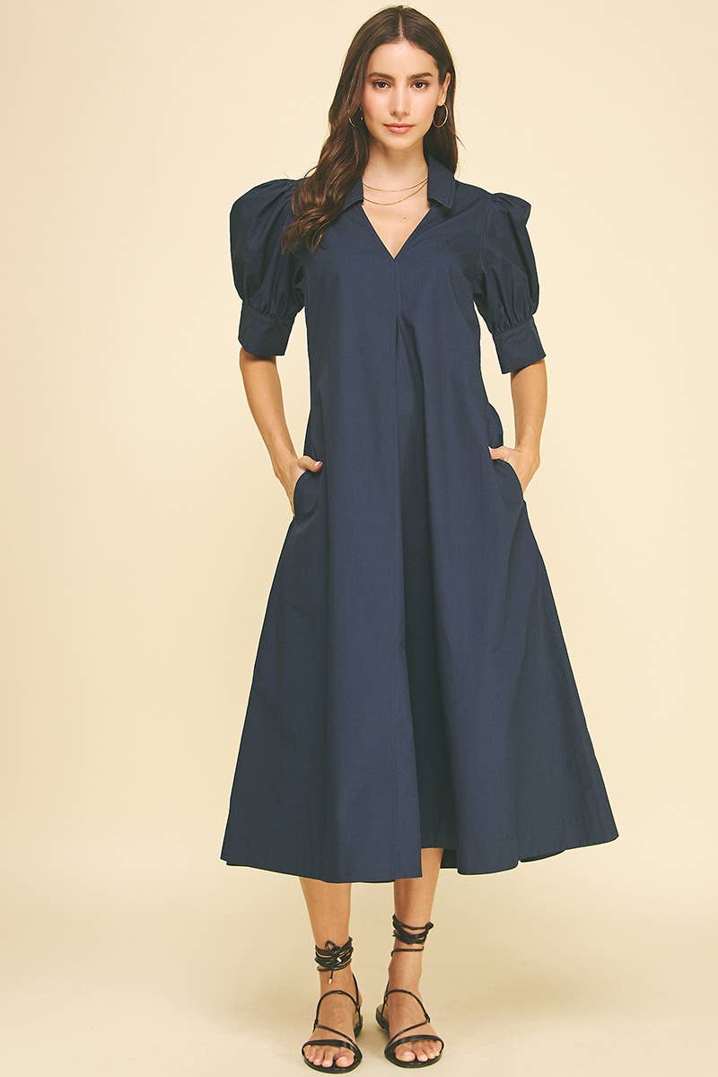Midnight Navy Balloon Sleeve Collared Midi Dress