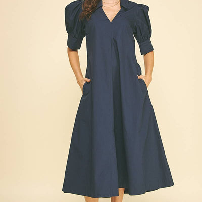 Midnight Navy Balloon Sleeve Collared Midi Dress