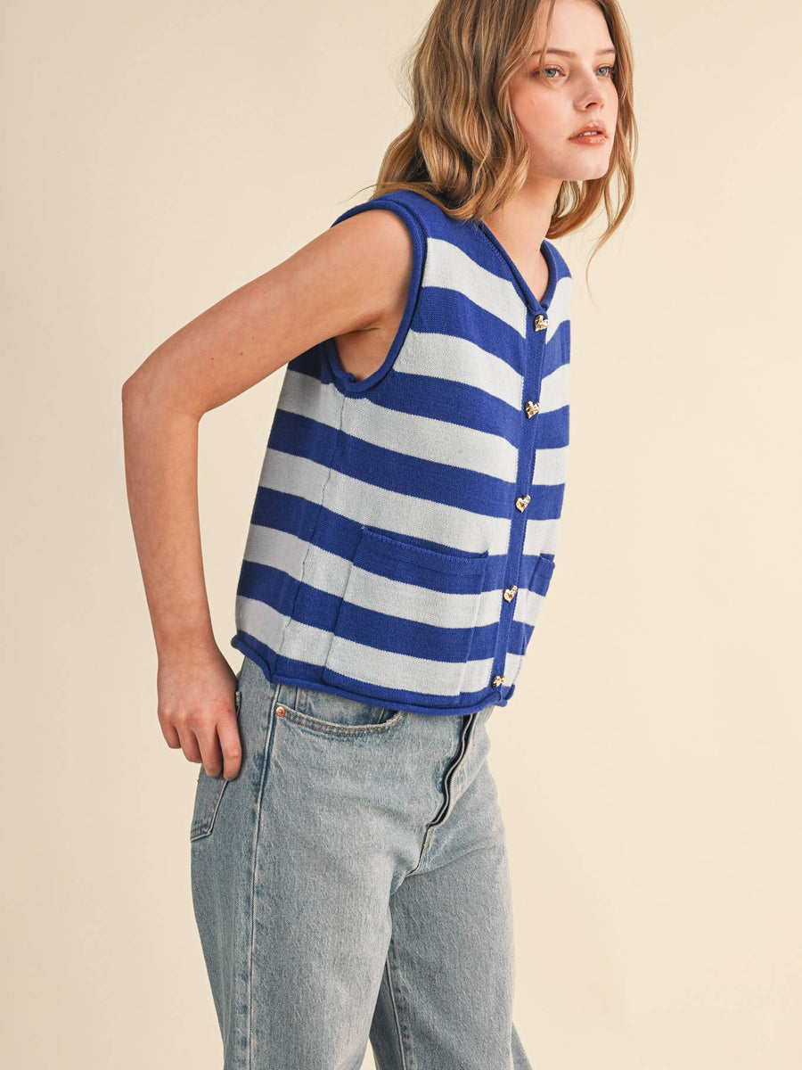 Blue & White Striped Knit Sweater Vest