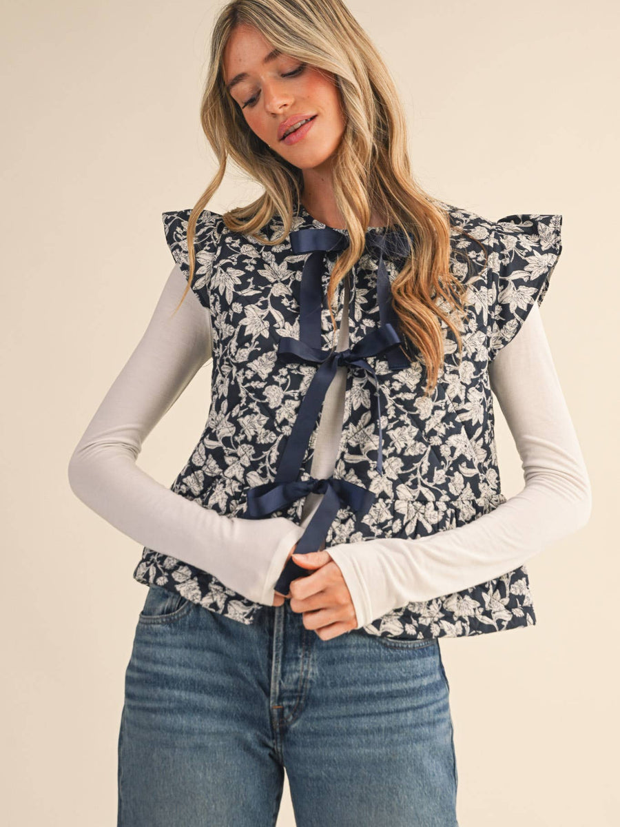 Flutter Sleeve Floral Quilted Vest