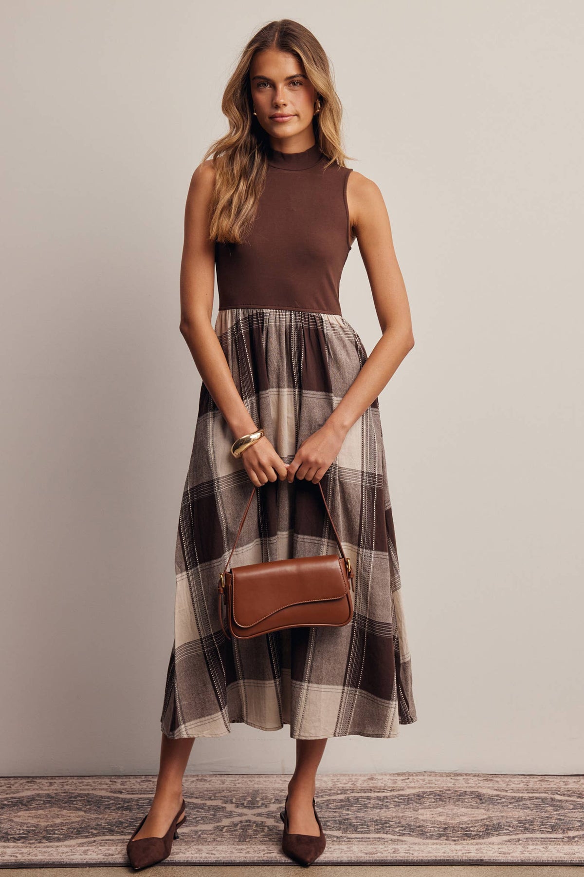 Chocolate Brown & Plaid Sleeveless Midi Dress