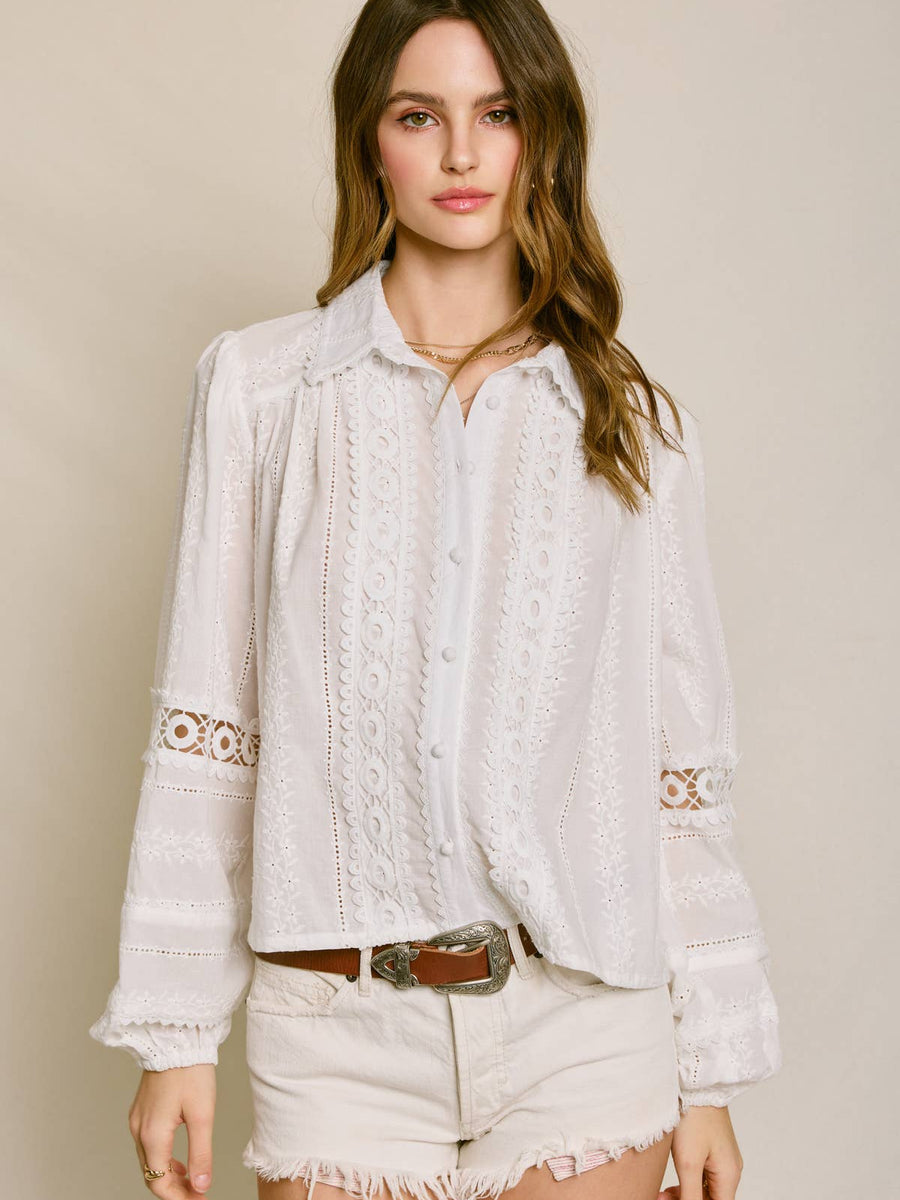 Ivory Lace Detail Boho Button Front Blouse