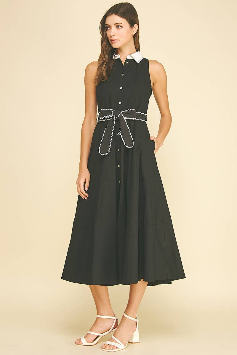 Black & White Tie Waist Midi Dress