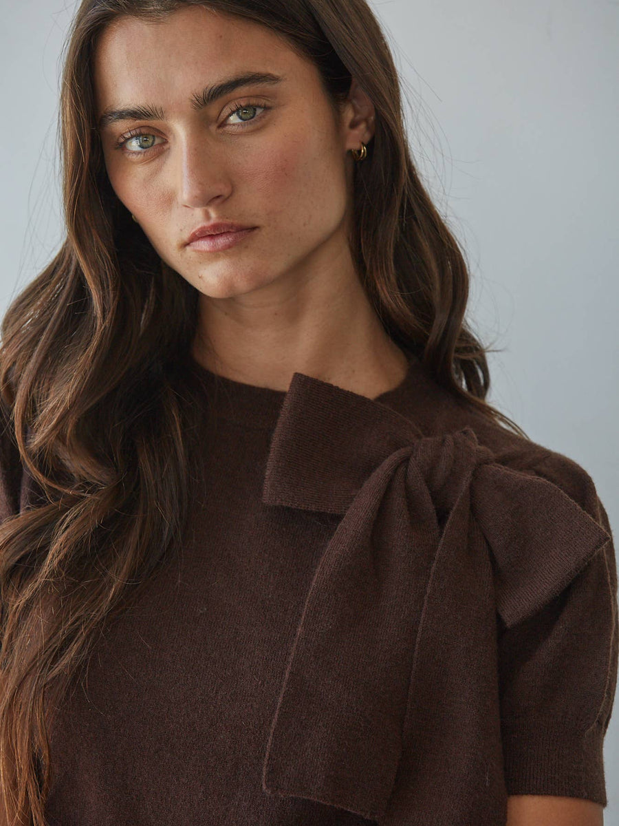 Chocolate Bow Detail Short Sleeve Sweater