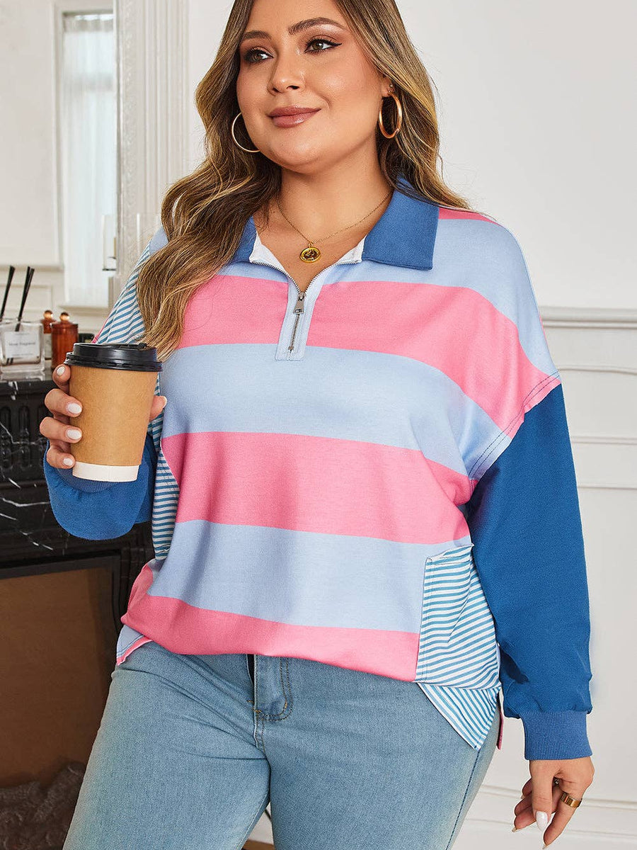 Blue Stripe Color block Patchwork Pullover