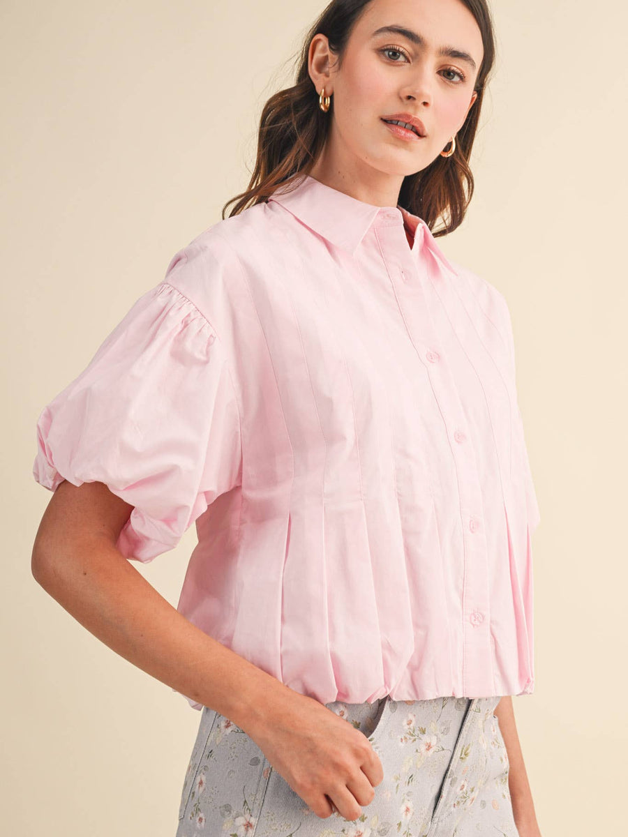 Pink Puff Sleeve Bubble Hem Blouse