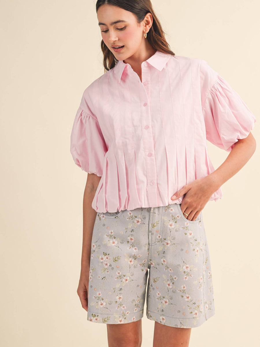 Pink Puff Sleeve Bubble Hem Blouse
