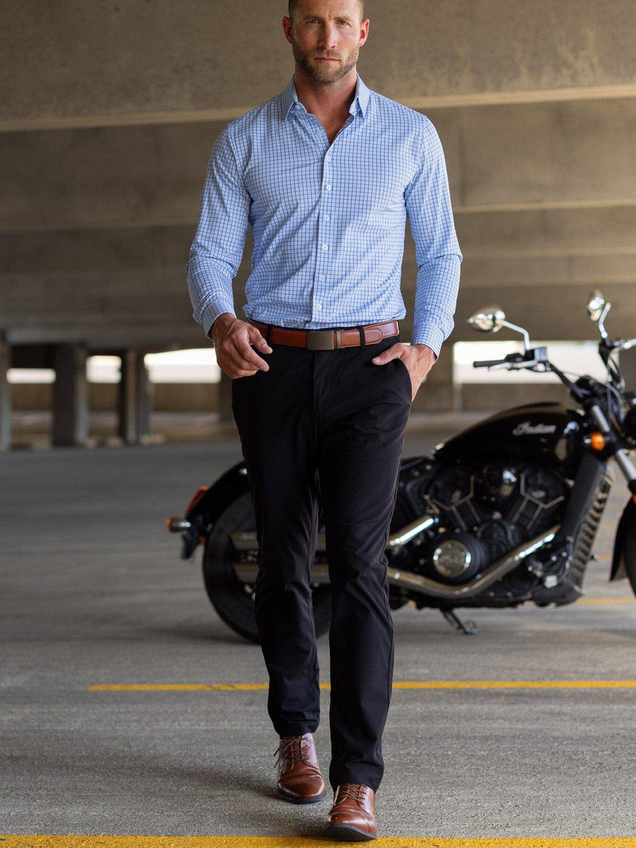 Men's Light Blue Windowpane Performance Dress Shirt