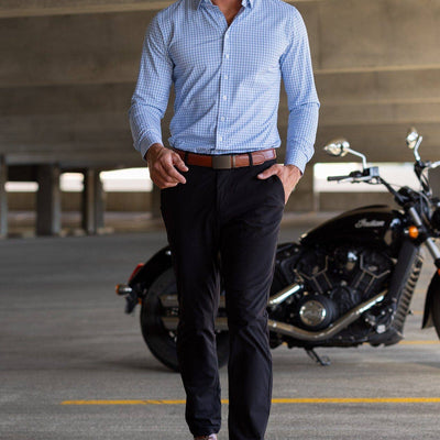 Men's Light Blue Windowpane Performance Dress Shirt