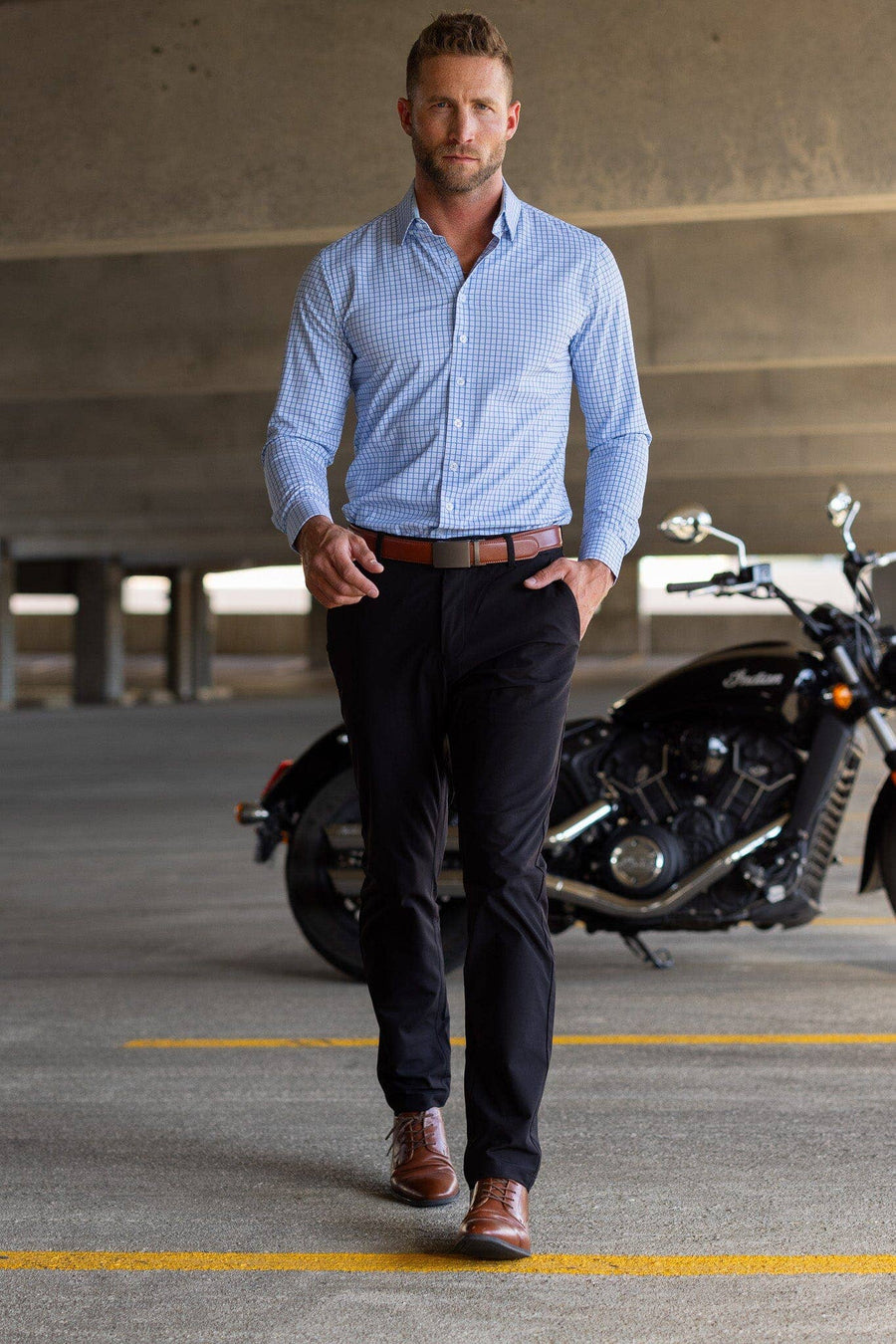 Men's Light Blue Windowpane Performance Dress Shirt