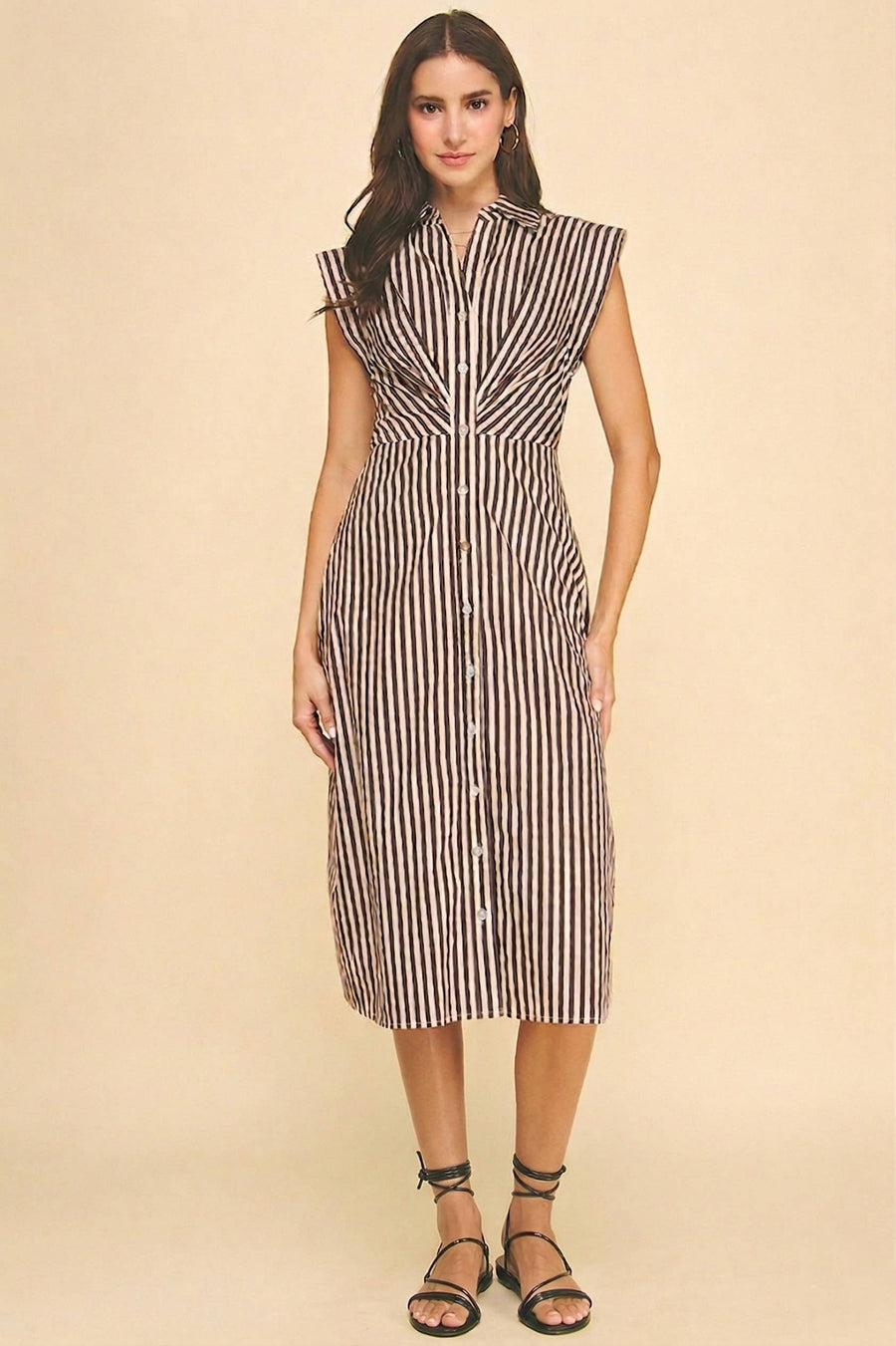 Brown & Ivory Striped Button-Front Midi Dress