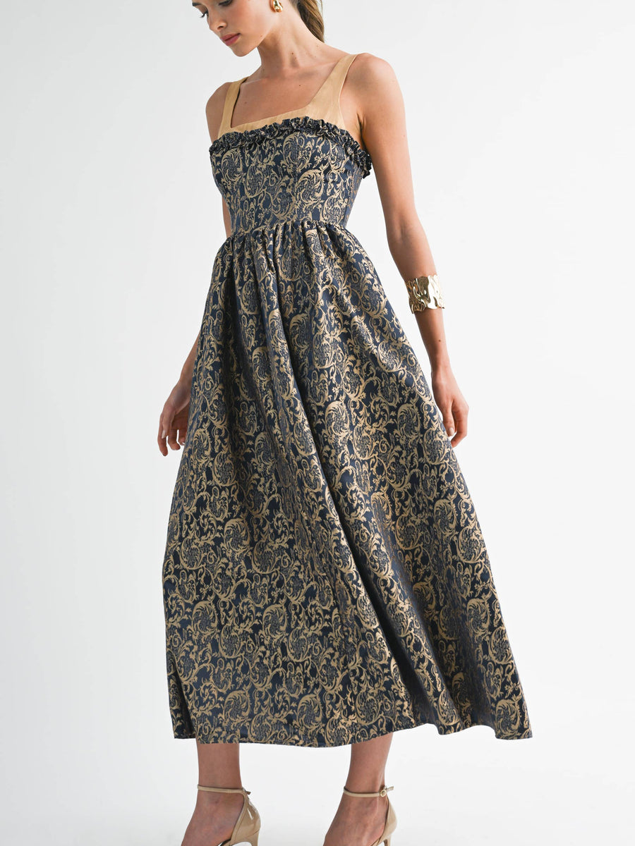 Gold Damask Midi Dress