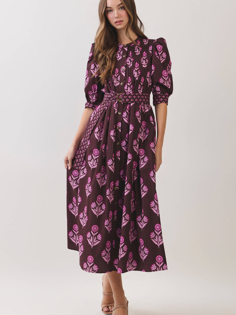 Plum Floral Belted Midi Dress