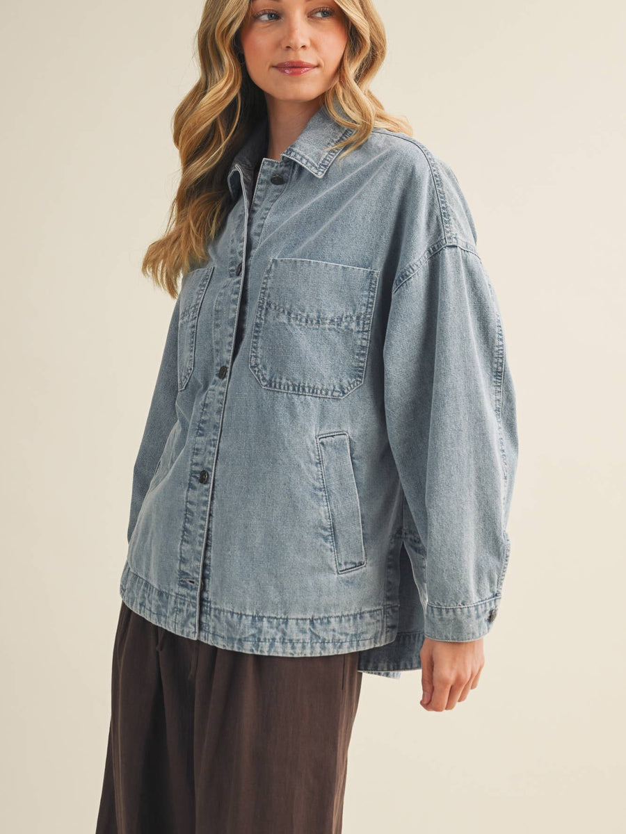 Light Wash Denim Button Front Utility Jacket