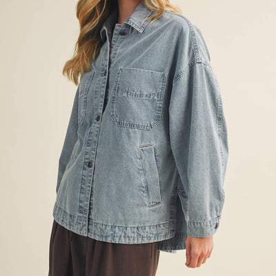 Light Wash Denim Button Front Utility Jacket