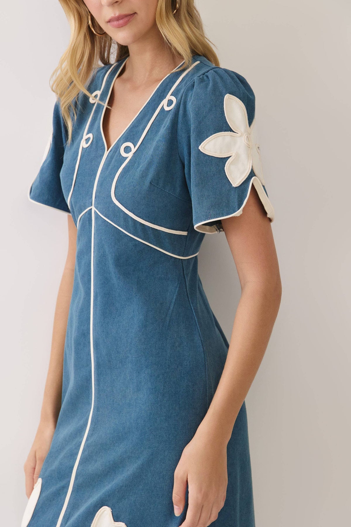 Blue Floral Appliqué Midi Dress