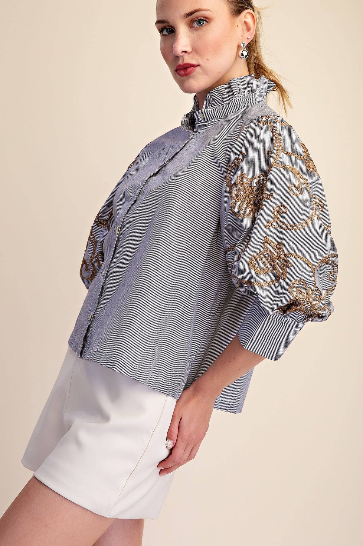 Striped Statement Sleeve Button-Front Blouse