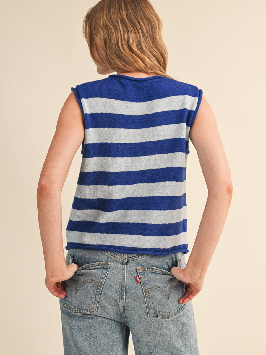 Blue & White Striped Knit Sweater Vest