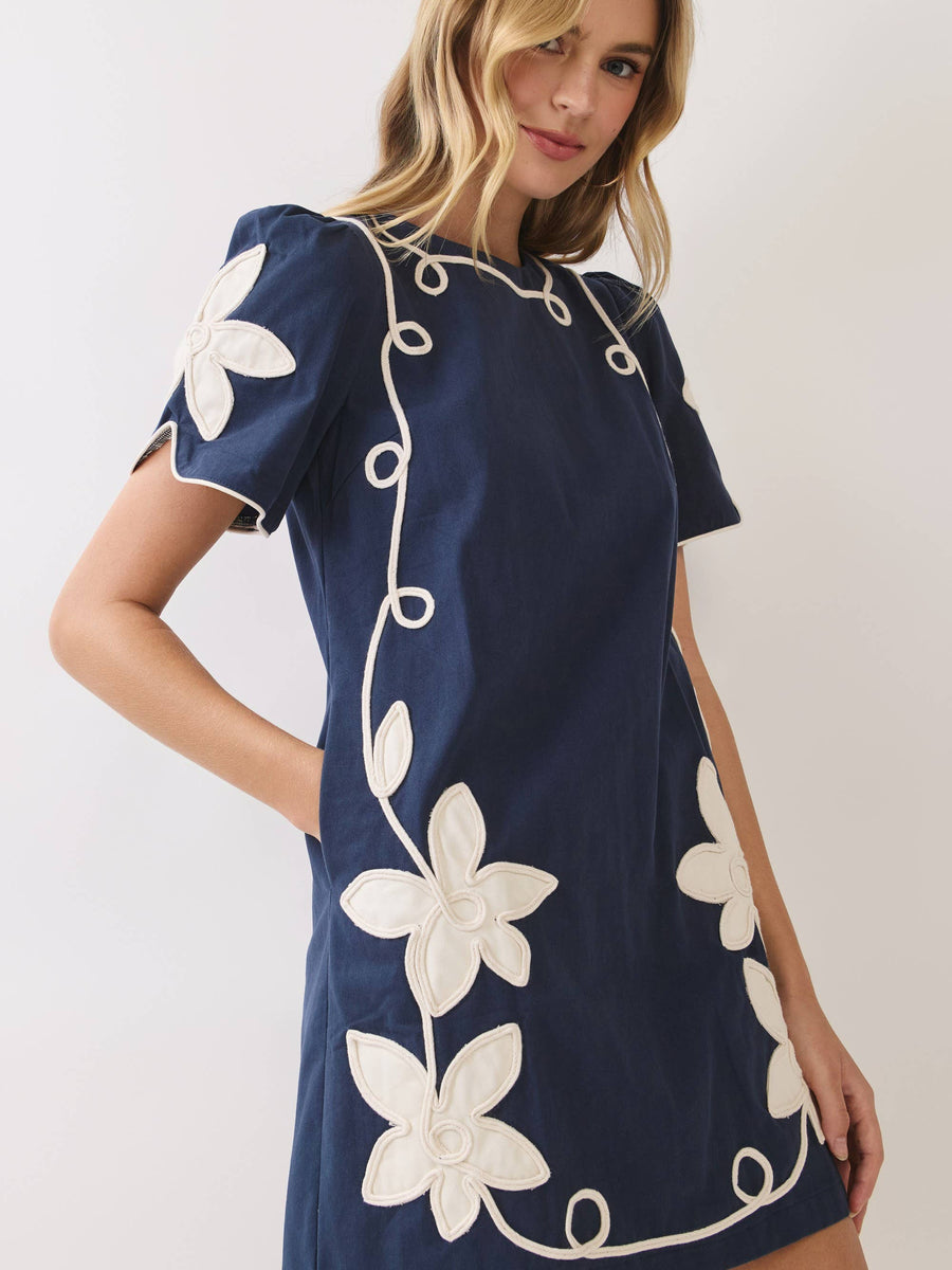 Navy Floral Appliqué Shift Dress