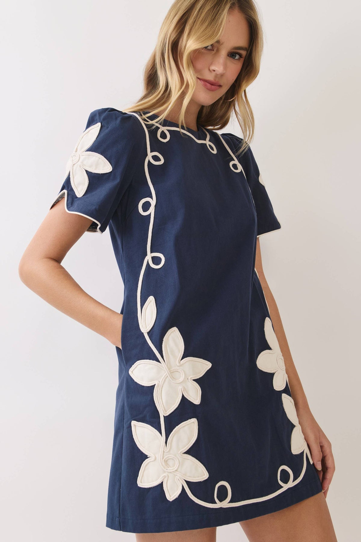 Navy Floral Appliqué Shift Dress