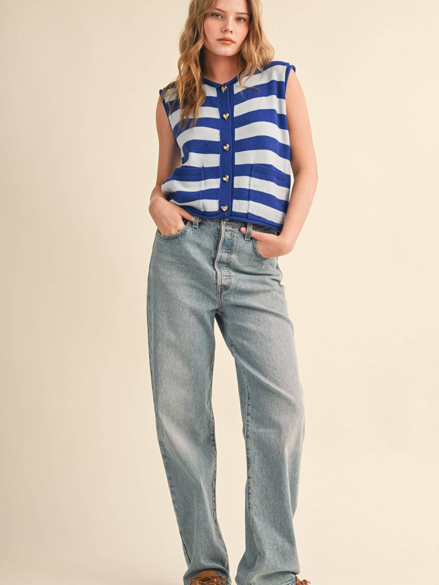 Blue & White Striped Knit Sweater Vest