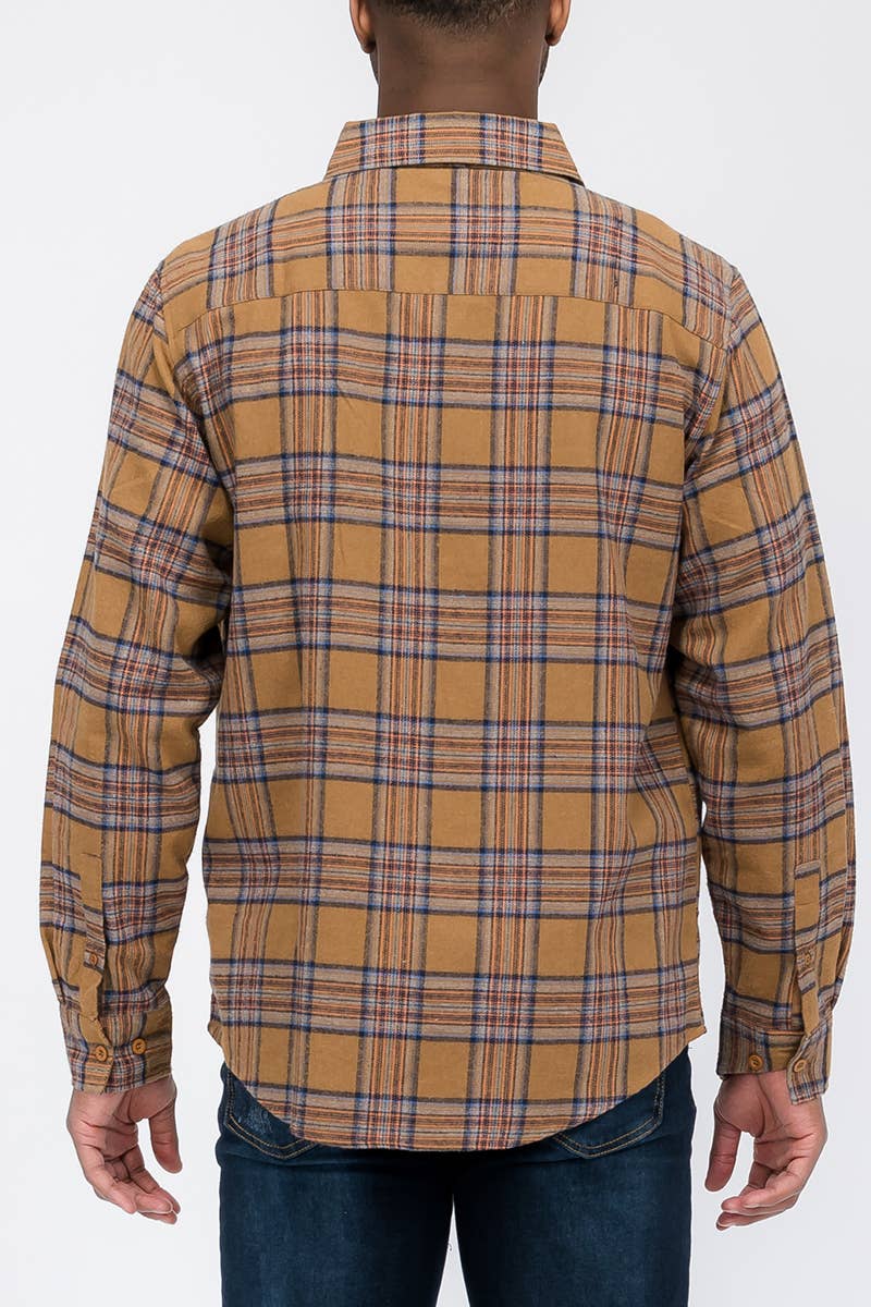 Men's Camel & Navy Plaid Button-Down Flannel Shirt