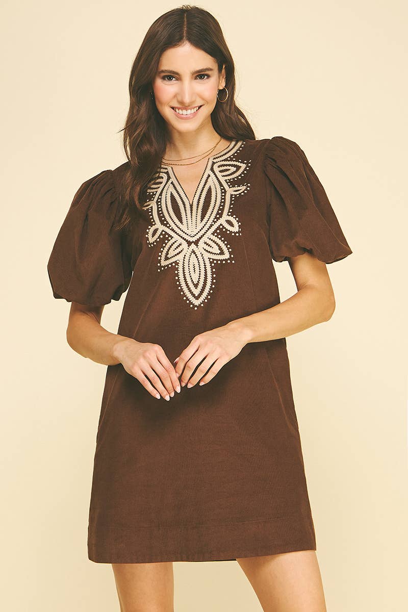 Chocolate Brown Embroidered Puff Sleeve Dress