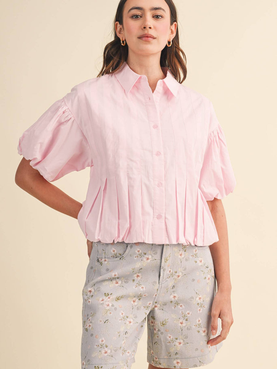 Pink Puff Sleeve Bubble Hem Blouse