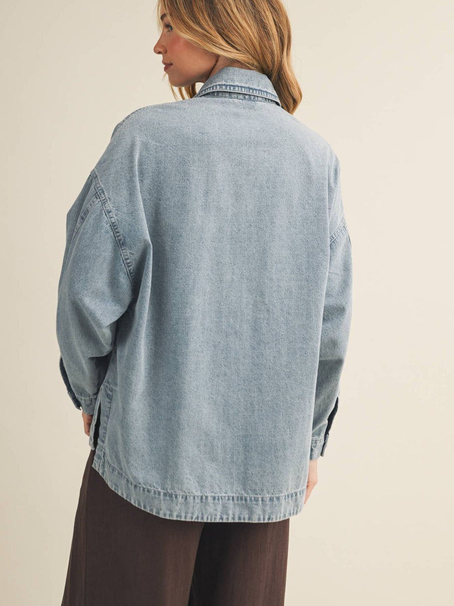 Light Wash Denim Button Front Utility Jacket