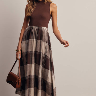 Chocolate Brown & Plaid Sleeveless Midi Dress