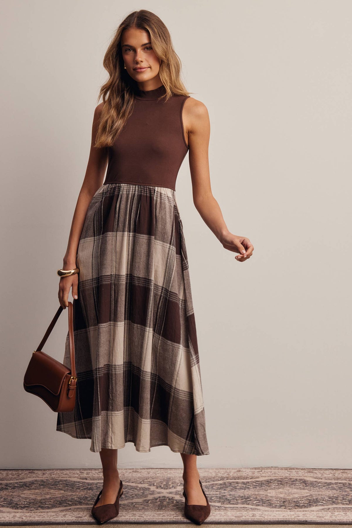 Chocolate Brown & Plaid Sleeveless Midi Dress