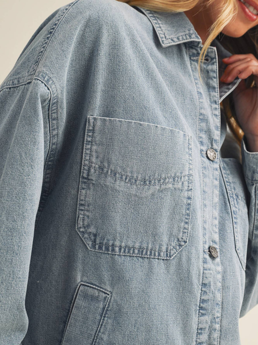 Light Wash Denim Button Front Utility Jacket