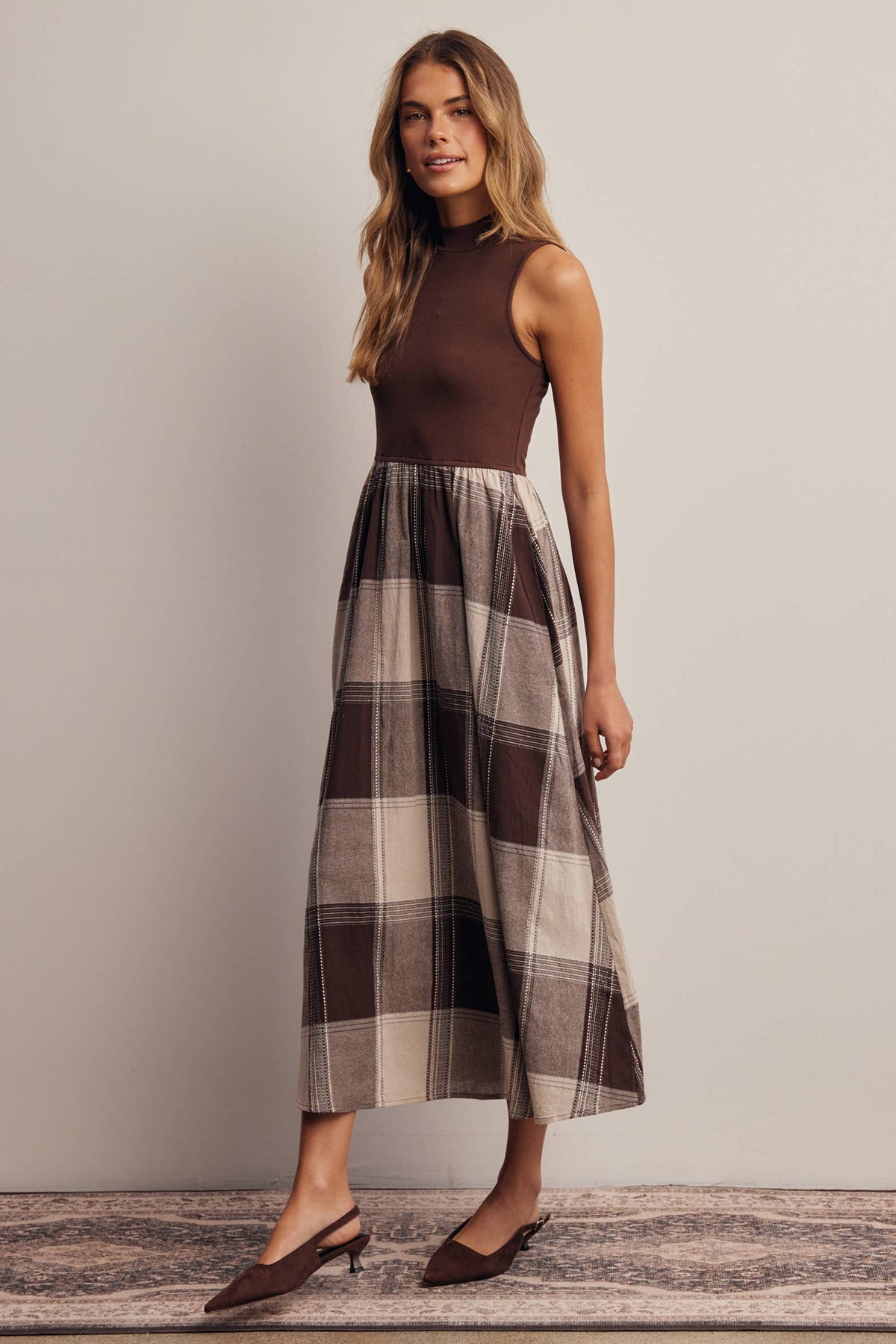 Chocolate Brown & Plaid Sleeveless Midi Dress