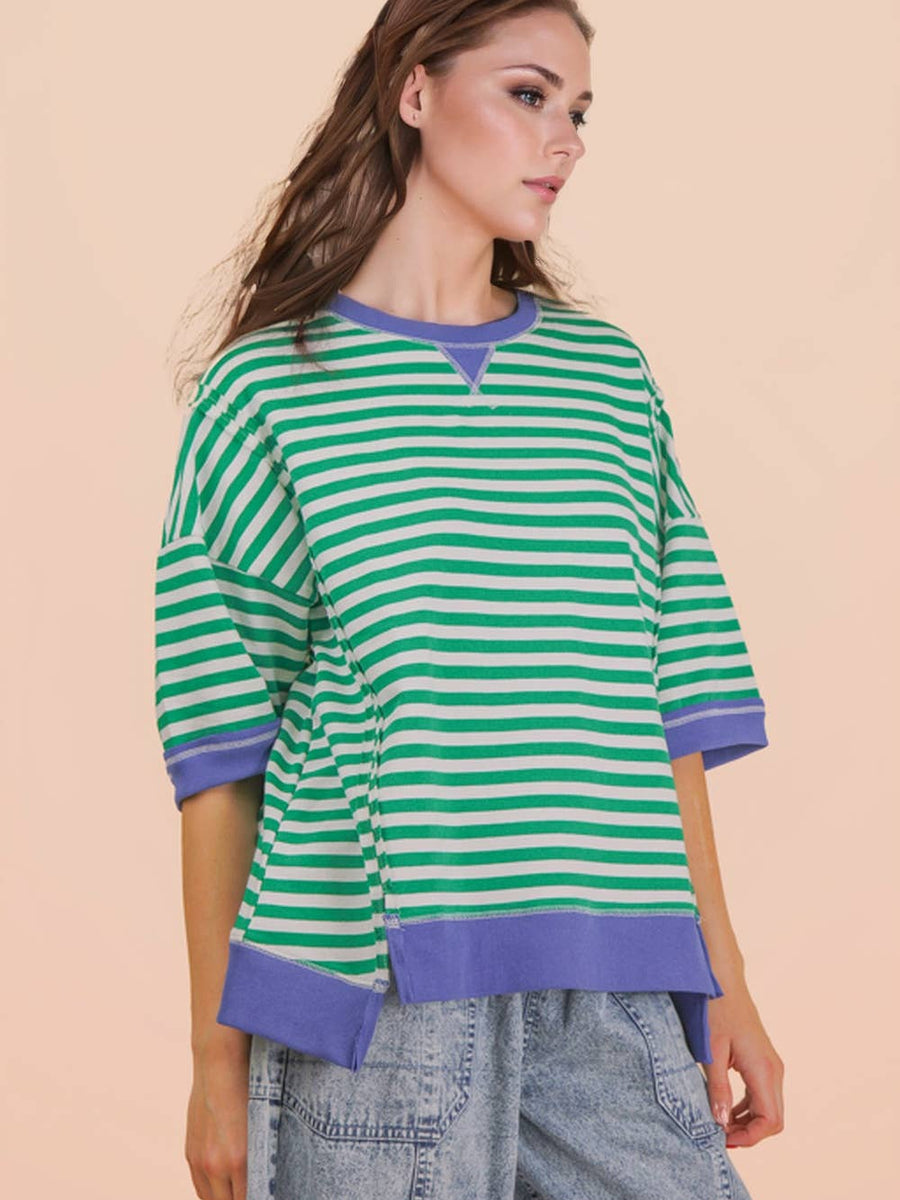 Kelly Green & Royal Blue Striped Relaxed Sweatshirt Top