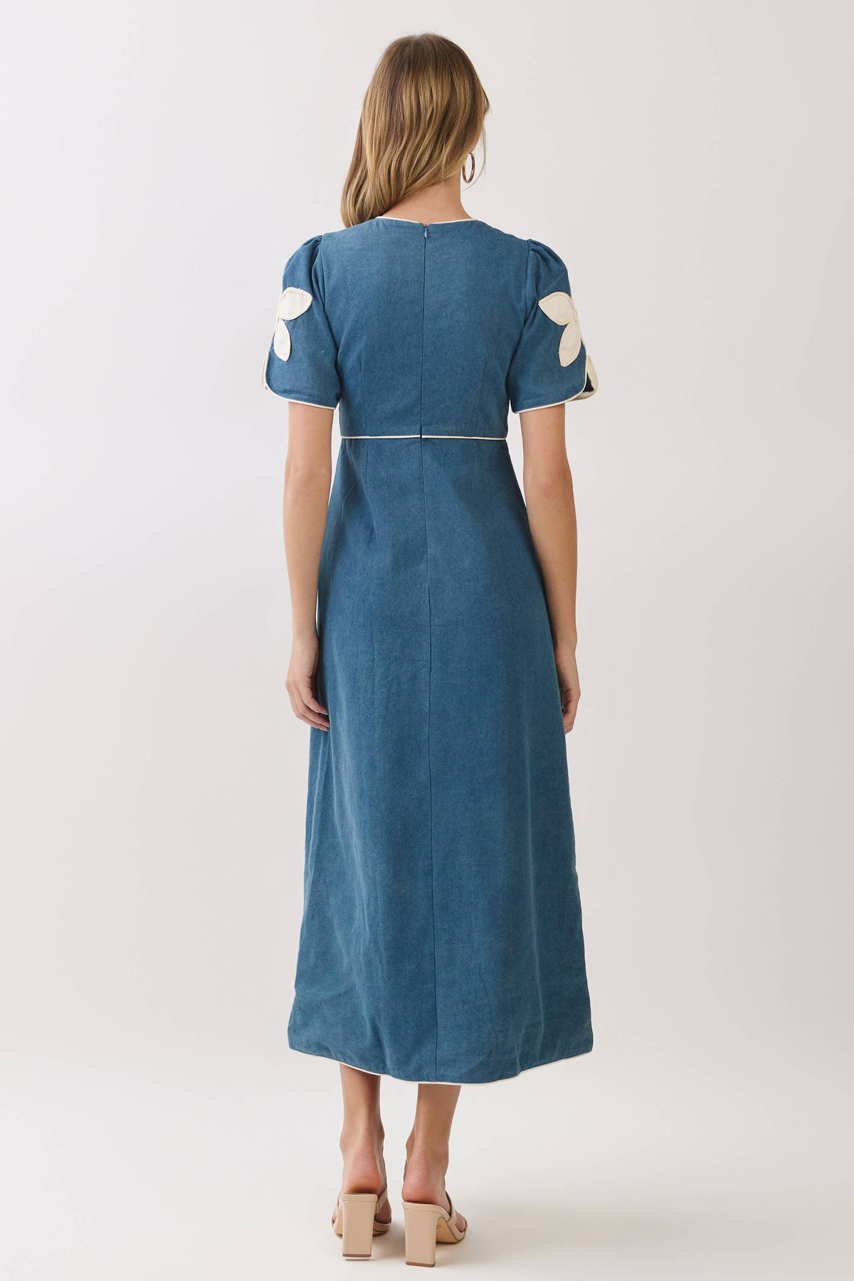 Blue Floral Appliqué Midi Dress