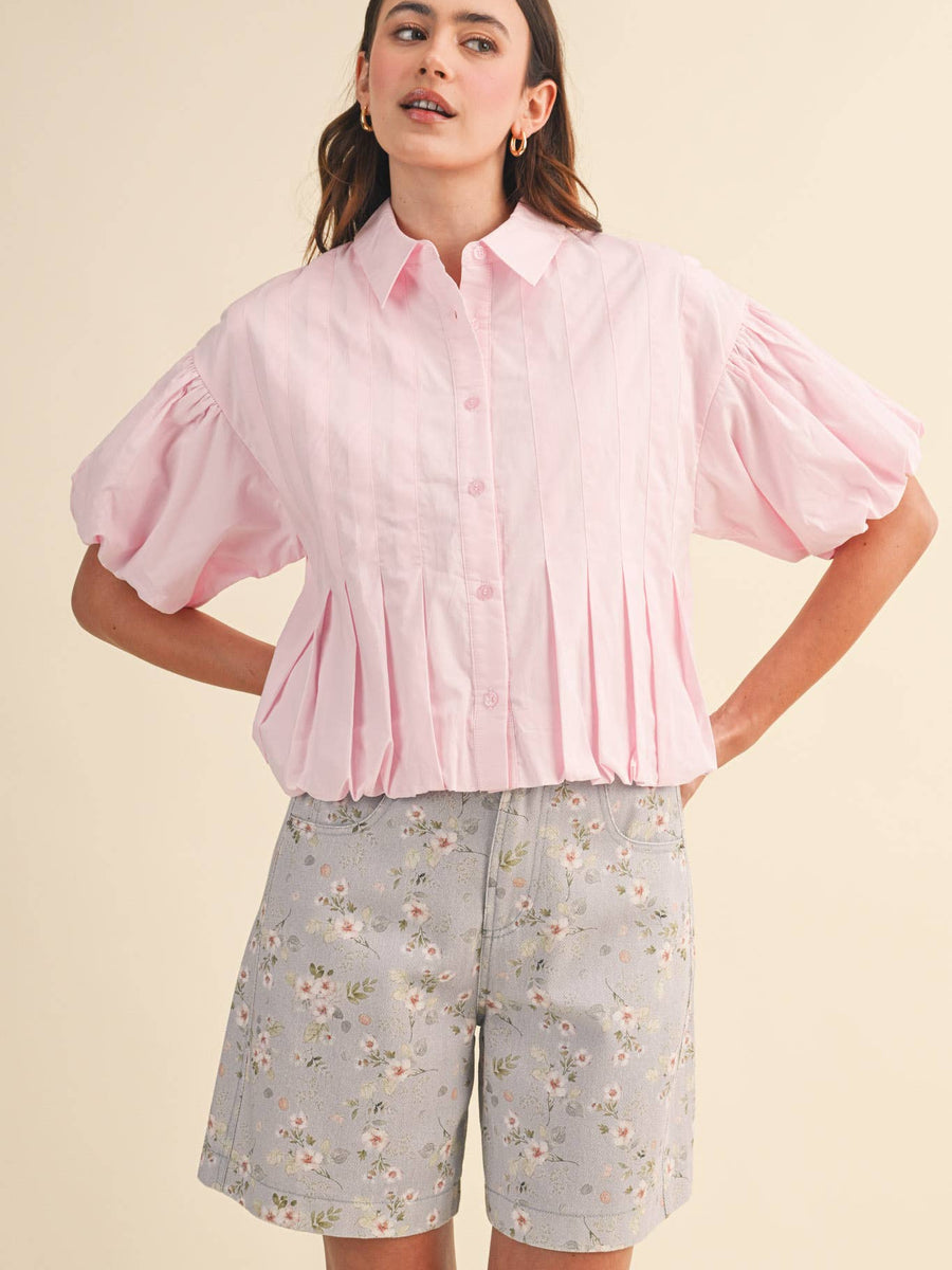 Pink Puff Sleeve Bubble Hem Blouse