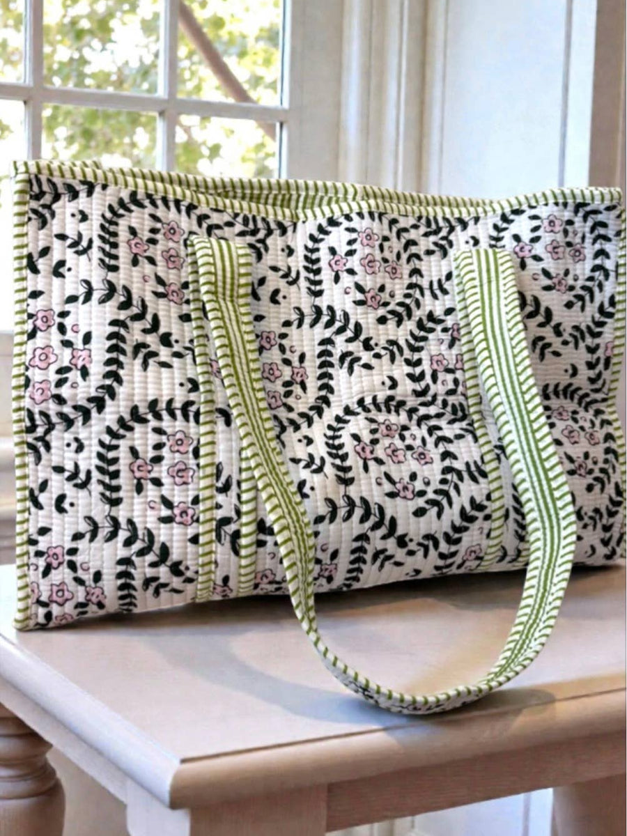 Camila Green Leaf Floral Tote Bag