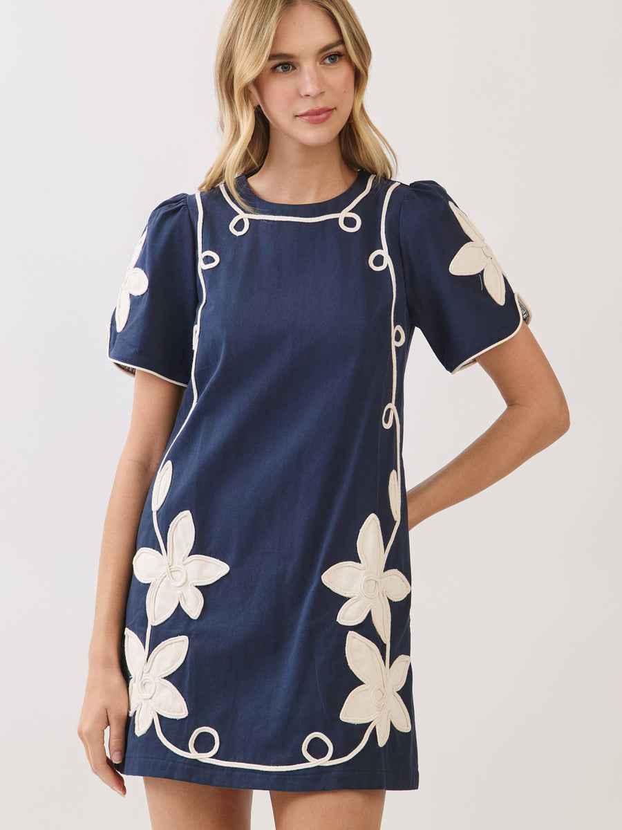 Navy Floral Appliqué Shift Dress
