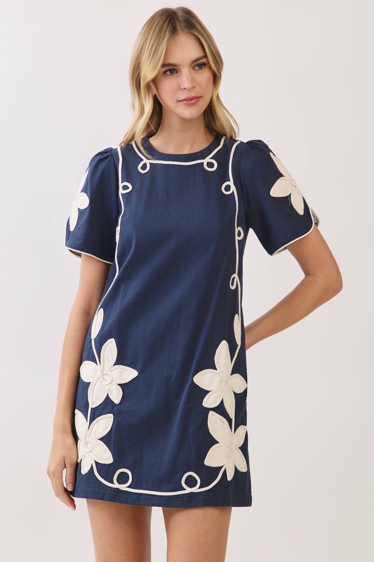 Navy Floral Appliqué Shift Dress