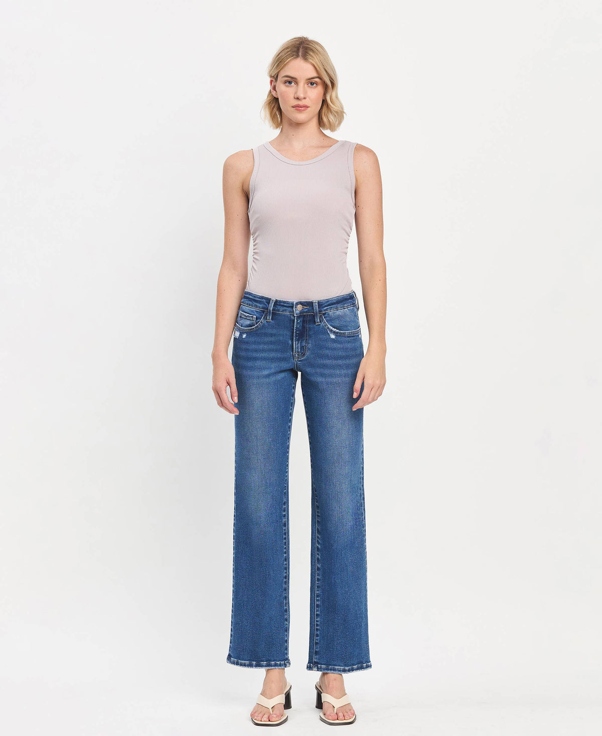 Mid Rise Full Length Straight Leg Jeans