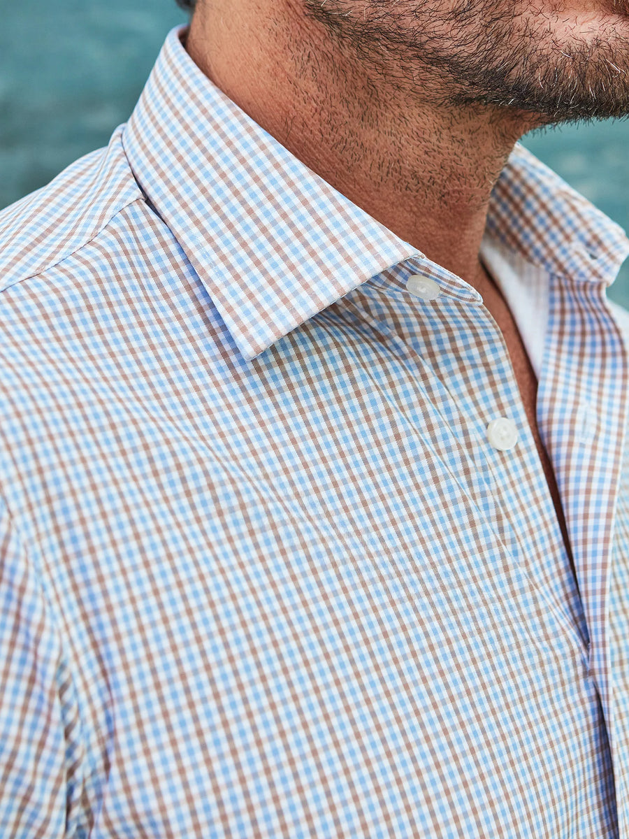 Apex Performance Dress Shirt Semi-Spread Collar Tan and Blue Tattersall